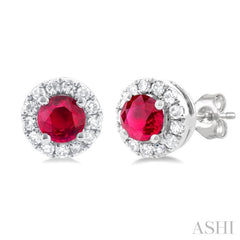3.25 MM Round Ruby and 1/10 Ctw Single Cut Diamond Halo Precious Stud Earrings in 10K White Gold 3.25 MM Round Ruby and 1/10 Ctw Single Cut Diamond Halo Precious Stud Earrings in 10K White Gold