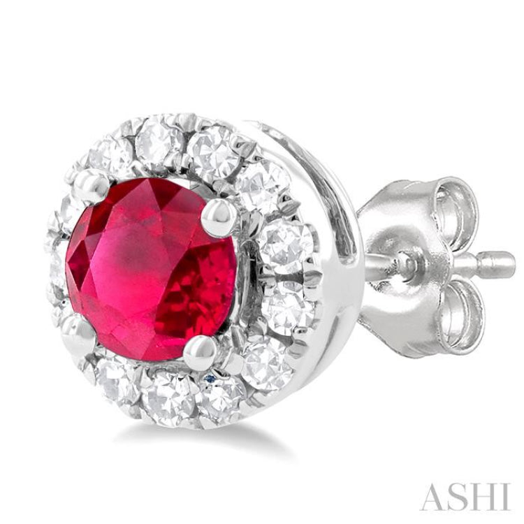 3.25 MM Round Ruby and 1/10 Ctw Single Cut Diamond Halo Precious Stud Earrings in 10K White Gold 3.25 MM Round Ruby and 1/10 Ctw Single Cut Diamond Halo Precious Stud Earrings in 10K White Gold