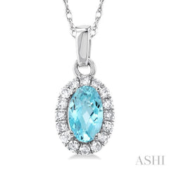 5x3 MM Oval Shape Aquamarine and 1/20 Ctw Single Cut Diamond Halo Semi-Precious Pendant with Chain in 14K White Gold 5x3 MM Oval Shape Aquamarine and 1/20 Ctw Single Cut Diamond Halo Semi-Precious Pendant with Chain in 14K White Gold