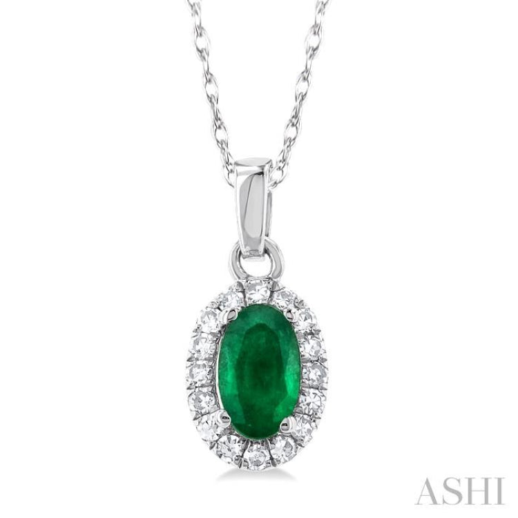 5x3 MM Oval Shape Emerald and 1/20 Ctw Single Cut Diamond Halo Precious Pendant with Chain in 14K White Gold 5x3 MM Oval Shape Emerald and 1/20 Ctw Single Cut Diamond Halo Precious Pendant with Chain in 14K White Gold