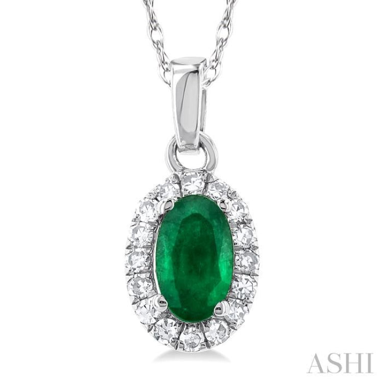 5x3 MM Oval Shape Emerald and 1/20 Ctw Single Cut Diamond Halo Precious Pendant with Chain in 14K White Gold 5x3 MM Oval Shape Emerald and 1/20 Ctw Single Cut Diamond Halo Precious Pendant with Chain in 14K White Gold
