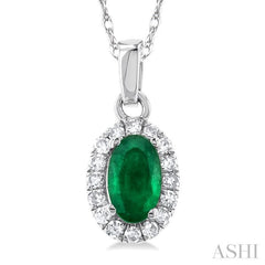 5x3 MM Oval Shape Emerald and 1/20 Ctw Single Cut Diamond Halo Precious Pendant with Chain in 14K White Gold 5x3 MM Oval Shape Emerald and 1/20 Ctw Single Cut Diamond Halo Precious Pendant with Chain in 14K White Gold