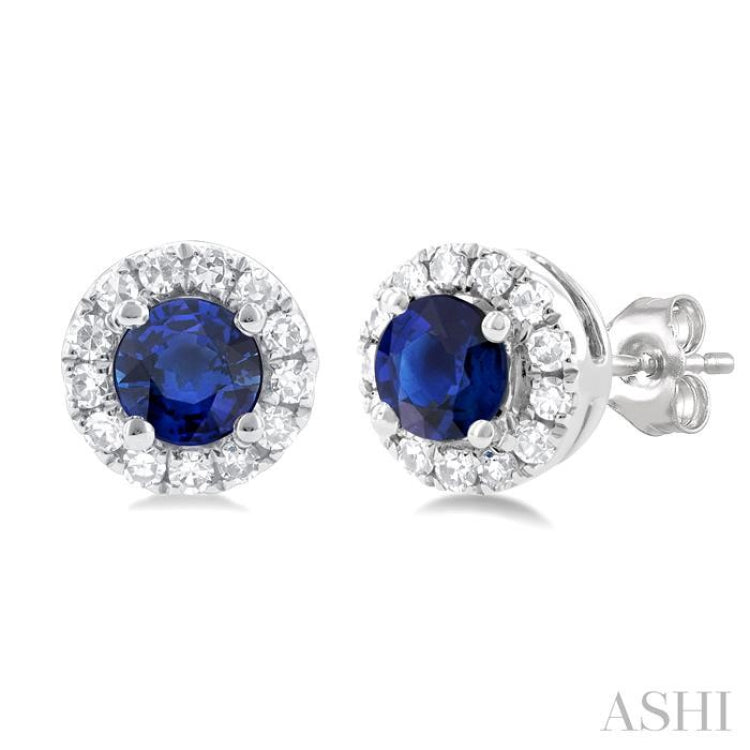 3.25 MM Round Sapphire and 1/10 Ctw Single Cut Diamond Halo Precious Stud Earrings in 10K White Gold 3.25 MM Round Sapphire and 1/10 Ctw Single Cut Diamond Halo Precious Stud Earrings in 10K White Gold