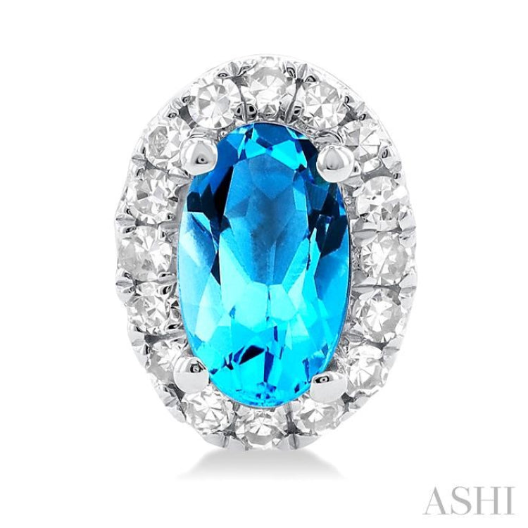 5x3 MM Oval Shape Blue Topaz and 1/8 Ctw Single Cut Diamond Halo Semi-Precious Stud Earrings in 14K White Gold 5x3 MM Oval Shape Blue Topaz and 1/8 Ctw Single Cut Diamond Halo Semi-Precious Stud Earrings in 14K White Gold