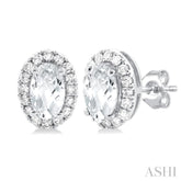 5x3 MM Oval Shape White Topaz and 1/8 Ctw Single Cut Diamond Halo Semi-Precious Stud Earrings in 14K White Gold