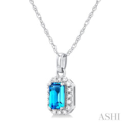 5x3 MM Octagonal Shape Blue Topaz and 1/20 Ctw Single Cut Diamond Halo Semi-Precious Pendant with Chain in 10K White Gold 5x3 MM Octagonal Shape Blue Topaz and 1/20 Ctw Single Cut Diamond Halo Semi-Precious Pendant with Chain in 10K White Gold