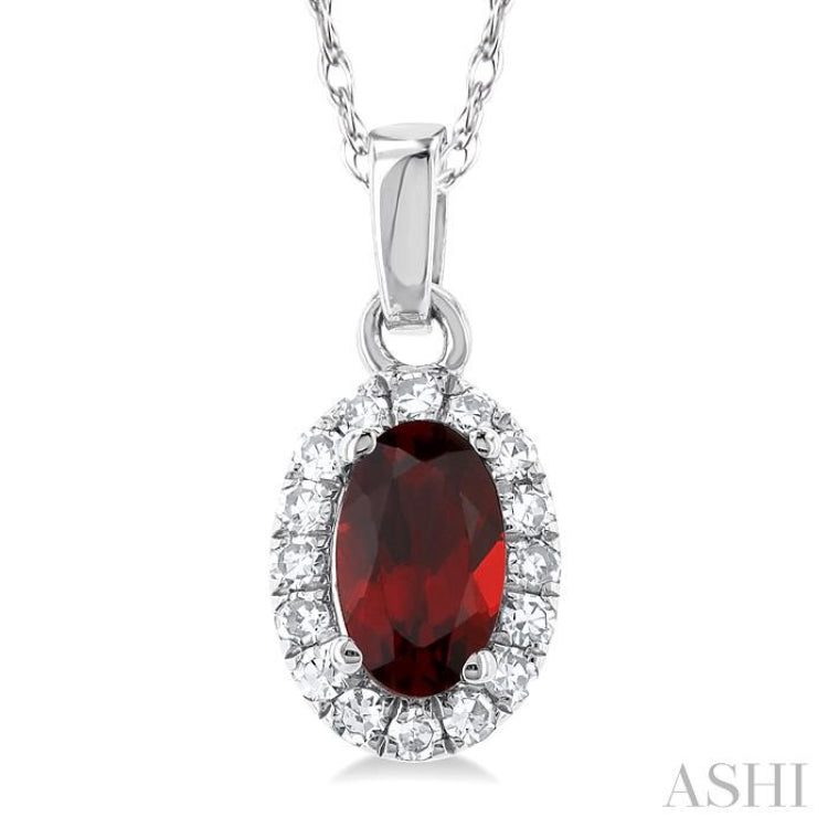 5x3 MM Oval Shape Garnet and 1/20 Ctw Single Cut Diamond Halo Semi-Precious Pendant with Chain in 10K White Gold 5x3 MM Oval Shape Garnet and 1/20 Ctw Single Cut Diamond Halo Semi-Precious Pendant with Chain in 10K White Gold