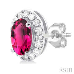 5x3 MM Oval Shape Pink Tourmaline and 1/8 Ctw Single Cut Diamond Halo Semi-Precious Stud Earrings in 10K White Gold 5x3 MM Oval Shape Pink Tourmaline and 1/8 Ctw Single Cut Diamond Halo Semi-Precious Stud Earrings in 10K White Gold