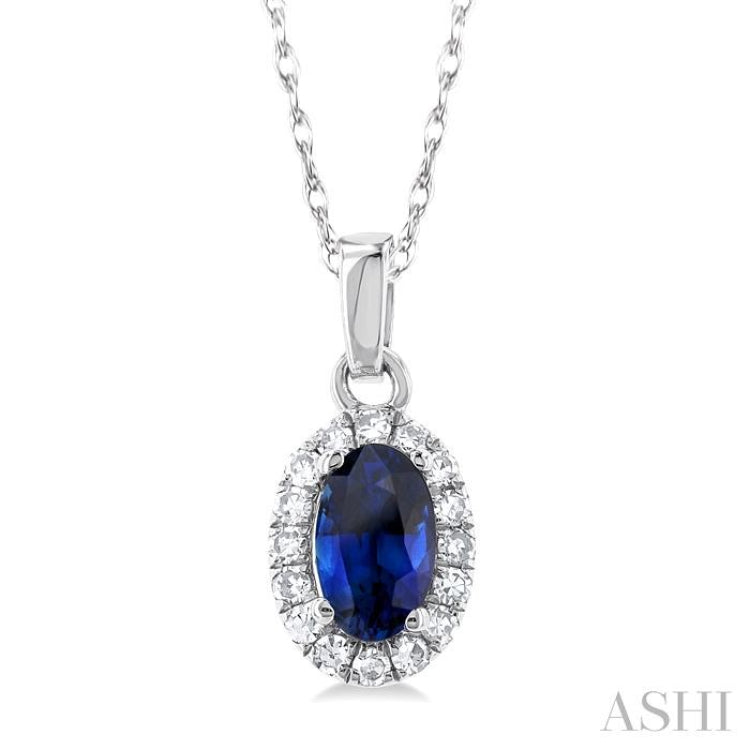 5x3 MM Oval Shape Sapphire and 1/20 Ctw Single Cut Diamond Halo Precious Pendant with Chain in 10K White Gold 5x3 MM Oval Shape Sapphire and 1/20 Ctw Single Cut Diamond Halo Precious Pendant with Chain in 10K White Gold