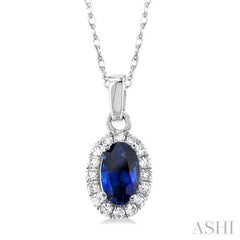 5x3 MM Oval Shape Sapphire and 1/20 Ctw Single Cut Diamond Halo Precious Pendant with Chain in 10K White Gold 5x3 MM Oval Shape Sapphire and 1/20 Ctw Single Cut Diamond Halo Precious Pendant with Chain in 10K White Gold