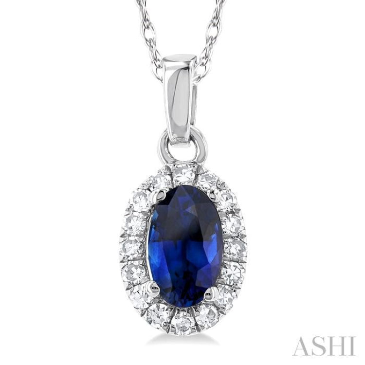 5x3 MM Oval Shape Sapphire and 1/20 Ctw Single Cut Diamond Halo Precious Pendant with Chain in 10K White Gold 5x3 MM Oval Shape Sapphire and 1/20 Ctw Single Cut Diamond Halo Precious Pendant with Chain in 10K White Gold