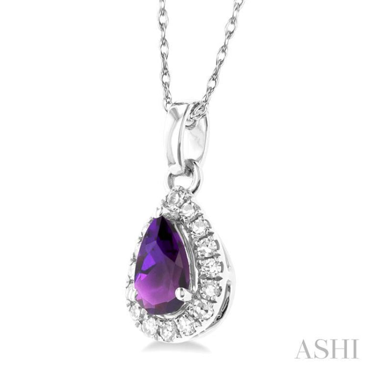 5x3 MM Pear Shape Amethyst and 1/20 Ctw Single Cut Diamond Halo Semi-Precious Pendant with Chain in 10K White Gold 5x3 MM Pear Shape Amethyst and 1/20 Ctw Single Cut Diamond Halo Semi-Precious Pendant with Chain in 10K White Gold