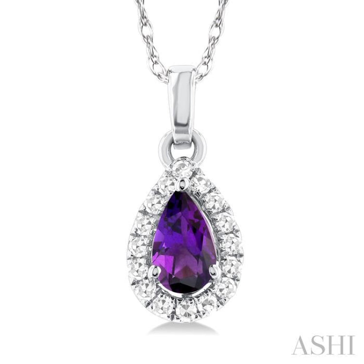 5x3 MM Pear Shape Amethyst and 1/20 Ctw Single Cut Diamond Halo Semi-Precious Pendant with Chain in 10K White Gold 5x3 MM Pear Shape Amethyst and 1/20 Ctw Single Cut Diamond Halo Semi-Precious Pendant with Chain in 10K White Gold
