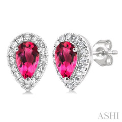 5x3 MM Pear Shape Pink Tourmaline and 1/8 Ctw Single Cut Diamond Halo Semi-Precious Stud Earrings in 10K White Gold 5x3 MM Pear Shape Pink Tourmaline and 1/8 Ctw Single Cut Diamond Halo Semi-Precious Stud Earrings in 10K White Gold