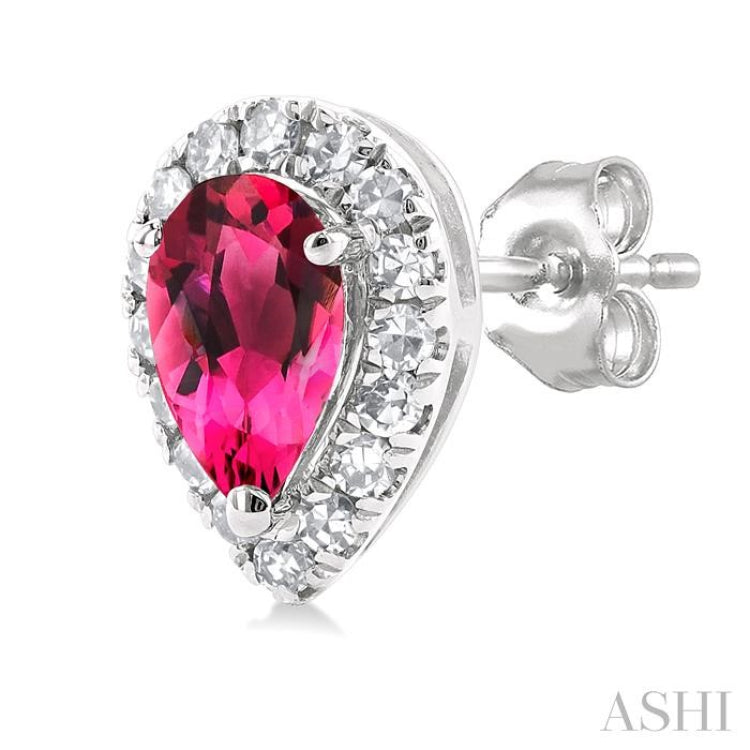 5x3 MM Pear Shape Pink Tourmaline and 1/8 Ctw Single Cut Diamond Halo Semi-Precious Stud Earrings in 10K White Gold 5x3 MM Pear Shape Pink Tourmaline and 1/8 Ctw Single Cut Diamond Halo Semi-Precious Stud Earrings in 10K White Gold