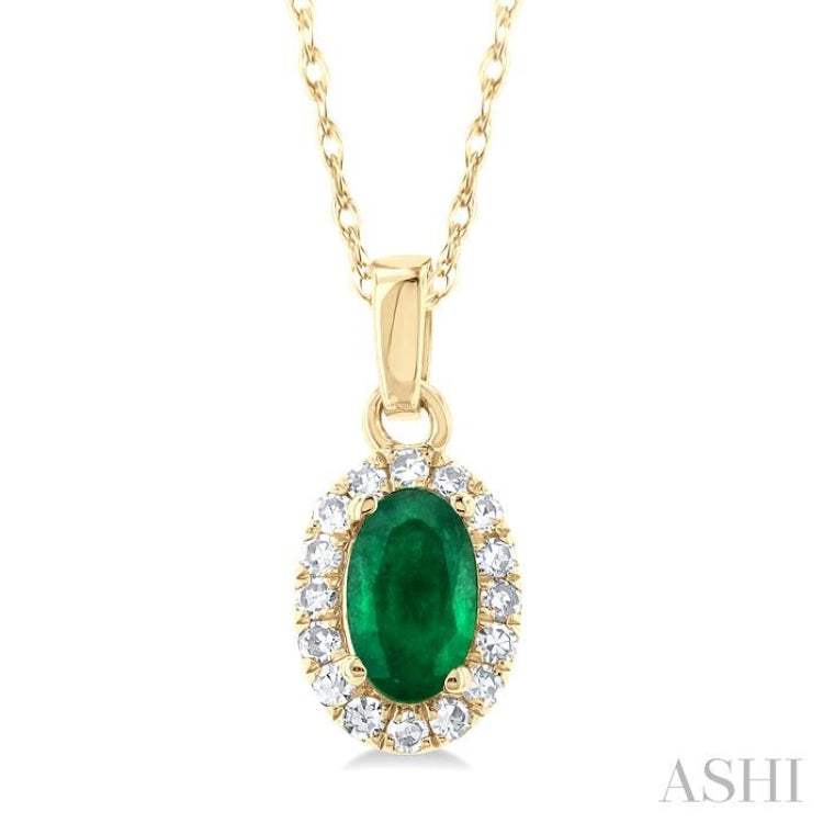 5x3 MM Oval Shape Emerald and 1/20 Ctw Single Cut Diamond Halo Precious Pendant with Chain in 10K Yellow Gold 5x3 MM Oval Shape Emerald and 1/20 Ctw Single Cut Diamond Halo Precious Pendant with Chain in 10K Yellow Gold