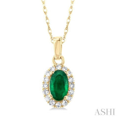 5x3 MM Oval Shape Emerald and 1/20 Ctw Single Cut Diamond Halo Precious Pendant with Chain in 10K Yellow Gold 5x3 MM Oval Shape Emerald and 1/20 Ctw Single Cut Diamond Halo Precious Pendant with Chain in 10K Yellow Gold