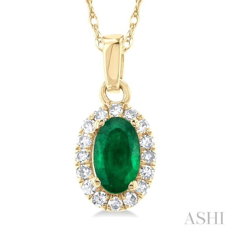 5x3 MM Oval Shape Emerald and 1/20 Ctw Single Cut Diamond Halo Precious Pendant with Chain in 10K Yellow Gold 5x3 MM Oval Shape Emerald and 1/20 Ctw Single Cut Diamond Halo Precious Pendant with Chain in 10K Yellow Gold