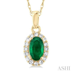 5x3 MM Oval Shape Emerald and 1/20 Ctw Single Cut Diamond Halo Precious Pendant with Chain in 10K Yellow Gold 5x3 MM Oval Shape Emerald and 1/20 Ctw Single Cut Diamond Halo Precious Pendant with Chain in 10K Yellow Gold