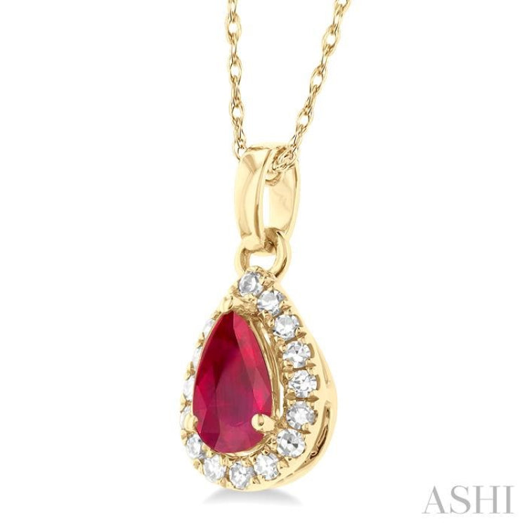 5x3 MM Pear Shape Ruby and 1/20 Ctw Single Cut Diamond Halo Precious Pendant with Chain in 10K Yellow Gold 5x3 MM Pear Shape Ruby and 1/20 Ctw Single Cut Diamond Halo Precious Pendant with Chain in 10K Yellow Gold