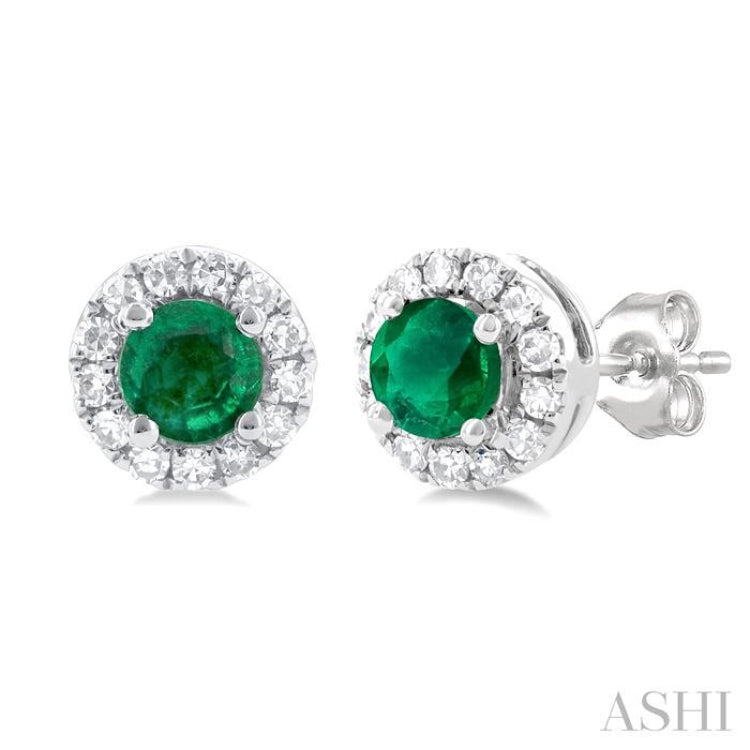 3.25 MM Round Emerald and 1/10 Ctw Single Cut Diamond Halo Precious Stud Earrings in 10K White Gold 3.25 MM Round Emerald and 1/10 Ctw Single Cut Diamond Halo Precious Stud Earrings in 10K White Gold