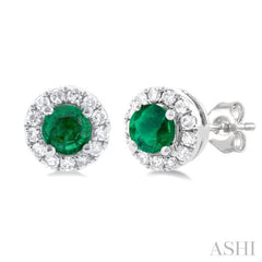 3.25 MM Round Emerald and 1/10 Ctw Single Cut Diamond Halo Precious Stud Earrings in 10K White Gold 3.25 MM Round Emerald and 1/10 Ctw Single Cut Diamond Halo Precious Stud Earrings in 10K White Gold