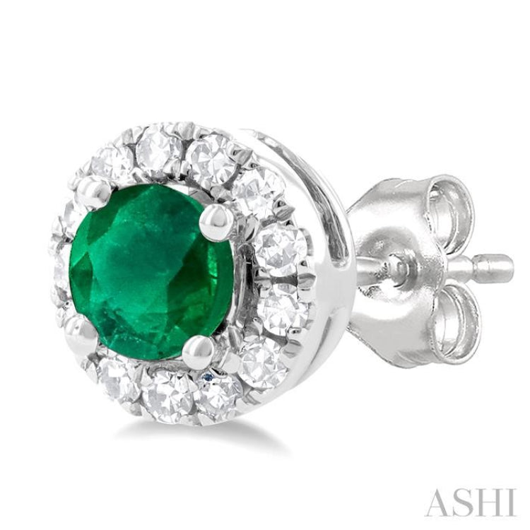 3.25 MM Round Emerald and 1/10 Ctw Single Cut Diamond Halo Precious Stud Earrings in 10K White Gold 3.25 MM Round Emerald and 1/10 Ctw Single Cut Diamond Halo Precious Stud Earrings in 10K White Gold