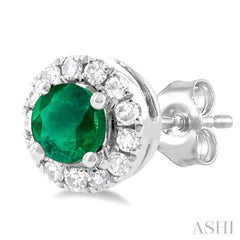 3.25 MM Round Emerald and 1/10 Ctw Single Cut Diamond Halo Precious Stud Earrings in 10K White Gold 3.25 MM Round Emerald and 1/10 Ctw Single Cut Diamond Halo Precious Stud Earrings in 10K White Gold
