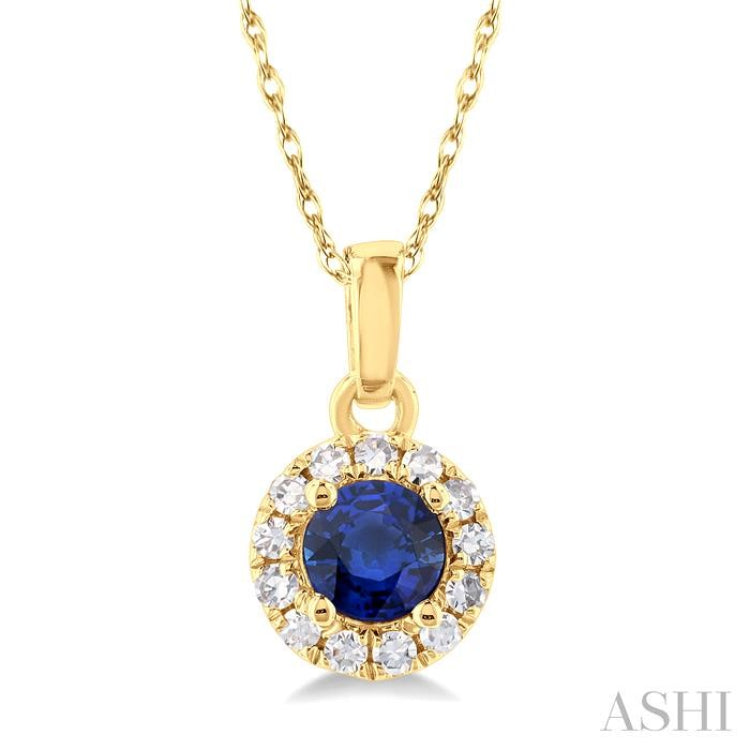 3.25 MM Round Sapphire and 1/20 Ctw Single Cut Diamond Halo Precious Pendant with Chain in 14K Yellow Gold 3.25 MM Round Sapphire and 1/20 Ctw Single Cut Diamond Halo Precious Pendant with Chain in 14K Yellow Gold
