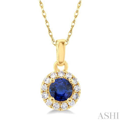 3.25 MM Round Sapphire and 1/20 Ctw Single Cut Diamond Halo Precious Pendant with Chain in 14K Yellow Gold 3.25 MM Round Sapphire and 1/20 Ctw Single Cut Diamond Halo Precious Pendant with Chain in 14K Yellow Gold
