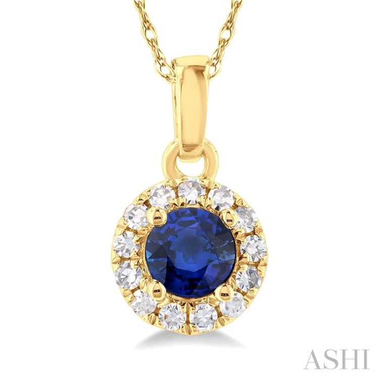3.25 MM Round Sapphire and 1/20 Ctw Single Cut Diamond Halo Precious Pendant with Chain in 14K Yellow Gold 3.25 MM Round Sapphire and 1/20 Ctw Single Cut Diamond Halo Precious Pendant with Chain in 14K Yellow Gold