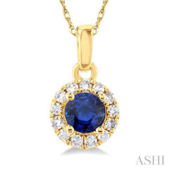 3.25 MM Round Sapphire and 1/20 Ctw Single Cut Diamond Halo Precious Pendant with Chain in 14K Yellow Gold 3.25 MM Round Sapphire and 1/20 Ctw Single Cut Diamond Halo Precious Pendant with Chain in 14K Yellow Gold