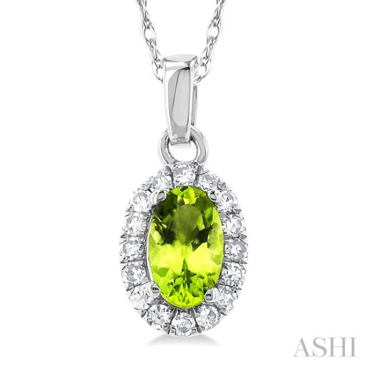 5x3 MM Oval Shape Peridot and 1/20 Ctw Single Cut Diamond Halo Semi-Precious Pendant with Chain in 14K White Gold 5x3 MM Oval Shape Peridot and 1/20 Ctw Single Cut Diamond Halo Semi-Precious Pendant with Chain in 14K White Gold