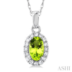 5x3 MM Oval Shape Peridot and 1/20 Ctw Single Cut Diamond Halo Semi-Precious Pendant with Chain in 14K White Gold 5x3 MM Oval Shape Peridot and 1/20 Ctw Single Cut Diamond Halo Semi-Precious Pendant with Chain in 14K White Gold