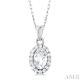 5x3 MM Oval Shape White Topaz and 1/20 Ctw Single Cut Diamond Halo Semi-Precious Pendant with Chain in 14K White Gold