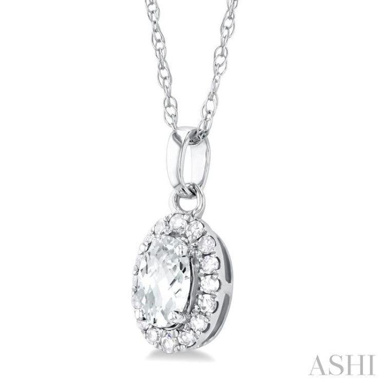 5x3 MM Oval Shape White Topaz and 1/20 Ctw Single Cut Diamond Halo Semi-Precious Pendant with Chain in 14K White Gold 5x3 MM Oval Shape White Topaz and 1/20 Ctw Single Cut Diamond Halo Semi-Precious Pendant with Chain in 14K White Gold