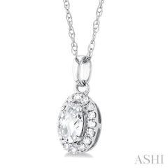 5x3 MM Oval Shape White Topaz and 1/20 Ctw Single Cut Diamond Halo Semi-Precious Pendant with Chain in 14K White Gold 5x3 MM Oval Shape White Topaz and 1/20 Ctw Single Cut Diamond Halo Semi-Precious Pendant with Chain in 14K White Gold