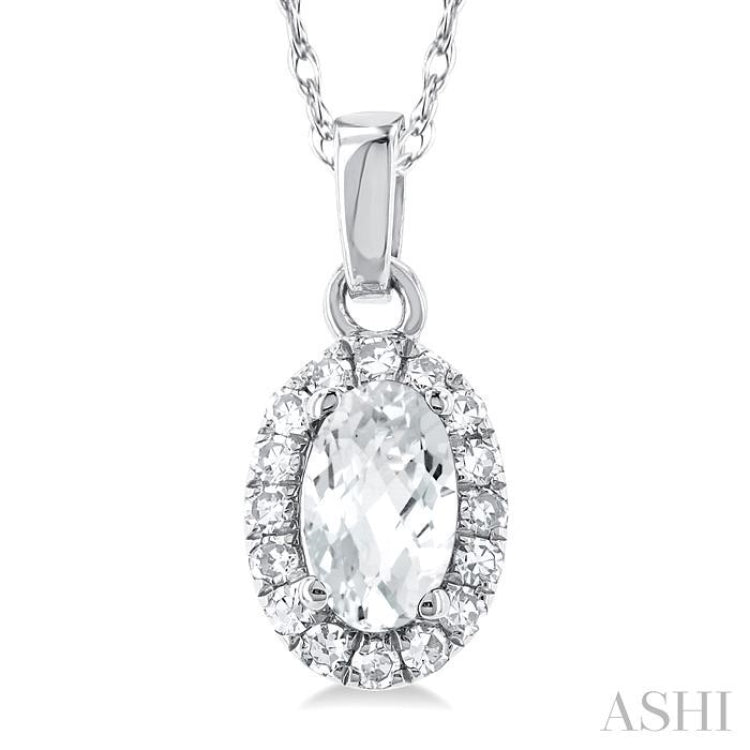 5x3 MM Oval Shape White Topaz and 1/20 Ctw Single Cut Diamond Halo Semi-Precious Pendant with Chain in 14K White Gold 5x3 MM Oval Shape White Topaz and 1/20 Ctw Single Cut Diamond Halo Semi-Precious Pendant with Chain in 14K White Gold