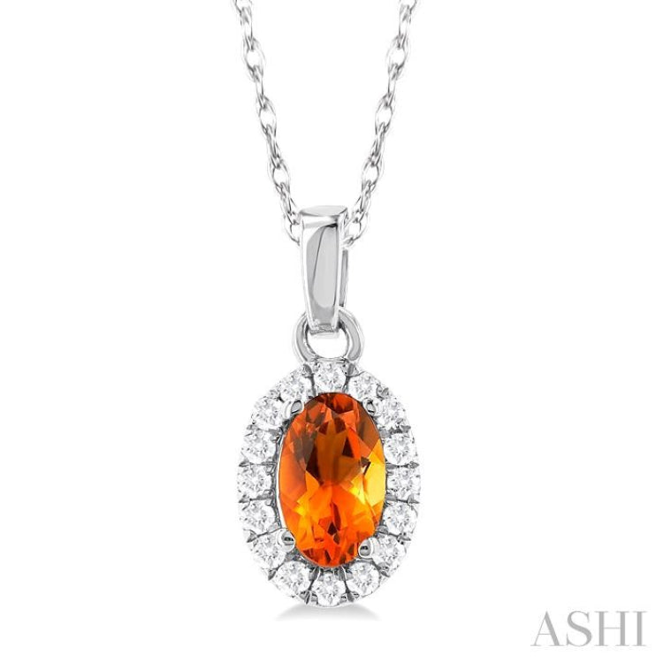 5x3 MM Oval Shape Citrine and 1/20 Ctw Single Cut Diamond Halo Semi-Precious Pendant with Chain in 10K White Gold 5x3 MM Oval Shape Citrine and 1/20 Ctw Single Cut Diamond Halo Semi-Precious Pendant with Chain in 10K White Gold