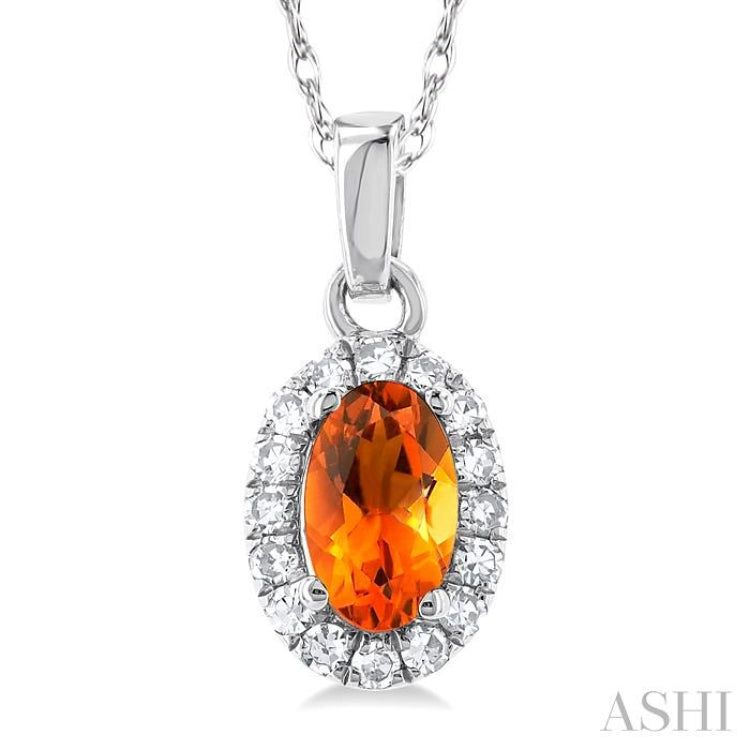 5x3 MM Oval Shape Citrine and 1/20 Ctw Single Cut Diamond Halo Semi-Precious Pendant with Chain in 10K White Gold 5x3 MM Oval Shape Citrine and 1/20 Ctw Single Cut Diamond Halo Semi-Precious Pendant with Chain in 10K White Gold
