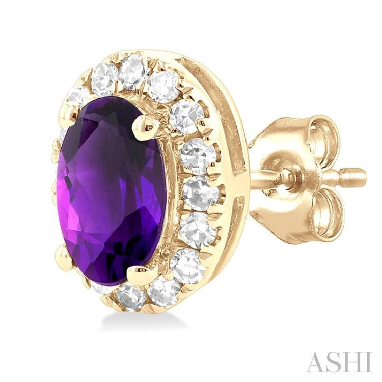 5x3 MM Oval Shape Amethyst and 1/8 Ctw Single Cut Diamond Halo Semi-Precious Stud Earrings in 10K Yellow Gold 5x3 MM Oval Shape Amethyst and 1/8 Ctw Single Cut Diamond Halo Semi-Precious Stud Earrings in 10K Yellow Gold