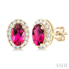 5x3 MM Oval Shape Pink Tourmaline and 1/8 Ctw Single Cut Diamond Halo Semi-Precious Stud Earrings in 10K Yellow Gold 5x3 MM Oval Shape Pink Tourmaline and 1/8 Ctw Single Cut Diamond Halo Semi-Precious Stud Earrings in 10K Yellow Gold