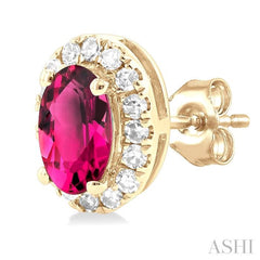 5x3 MM Oval Shape Pink Tourmaline and 1/8 Ctw Single Cut Diamond Halo Semi-Precious Stud Earrings in 10K Yellow Gold 5x3 MM Oval Shape Pink Tourmaline and 1/8 Ctw Single Cut Diamond Halo Semi-Precious Stud Earrings in 10K Yellow Gold