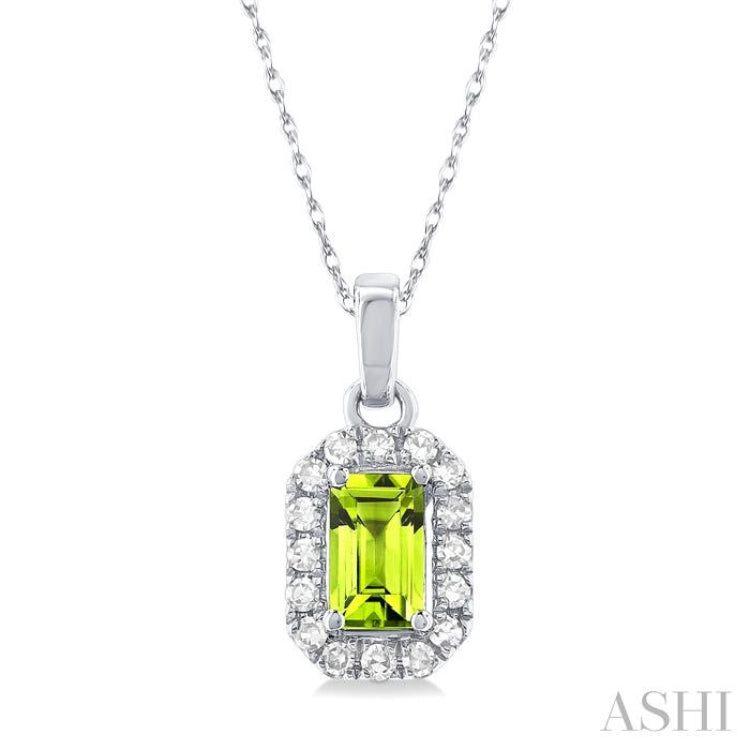 5x3 MM Octagonal Shape Peridot and 1/20 Ctw Single Cut Diamond Halo Semi-Precious Pendant with Chain in 10K White Gold 5x3 MM Octagonal Shape Peridot and 1/20 Ctw Single Cut Diamond Halo Semi-Precious Pendant with Chain in 10K White Gold