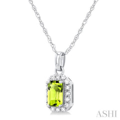 5x3 MM Octagonal Shape Peridot and 1/20 Ctw Single Cut Diamond Halo Semi-Precious Pendant with Chain in 10K White Gold 5x3 MM Octagonal Shape Peridot and 1/20 Ctw Single Cut Diamond Halo Semi-Precious Pendant with Chain in 10K White Gold