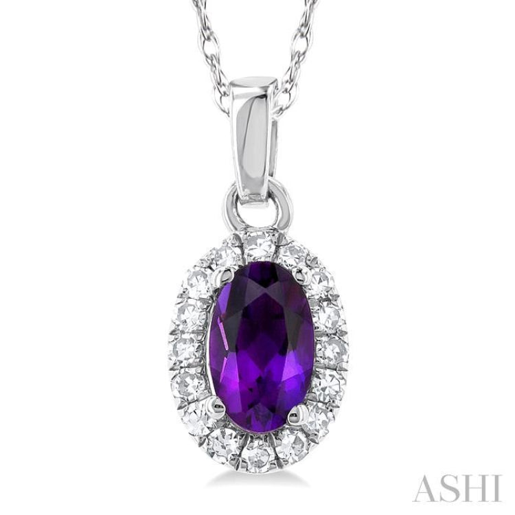 5x3 MM Oval Shape Amethyst and 1/20 Ctw Single Cut Diamond Halo Semi-Precious Pendant with Chain in 14K White Gold 5x3 MM Oval Shape Amethyst and 1/20 Ctw Single Cut Diamond Halo Semi-Precious Pendant with Chain in 14K White Gold