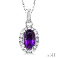 5x3 MM Oval Shape Amethyst and 1/20 Ctw Single Cut Diamond Halo Semi-Precious Pendant with Chain in 14K White Gold 5x3 MM Oval Shape Amethyst and 1/20 Ctw Single Cut Diamond Halo Semi-Precious Pendant with Chain in 14K White Gold
