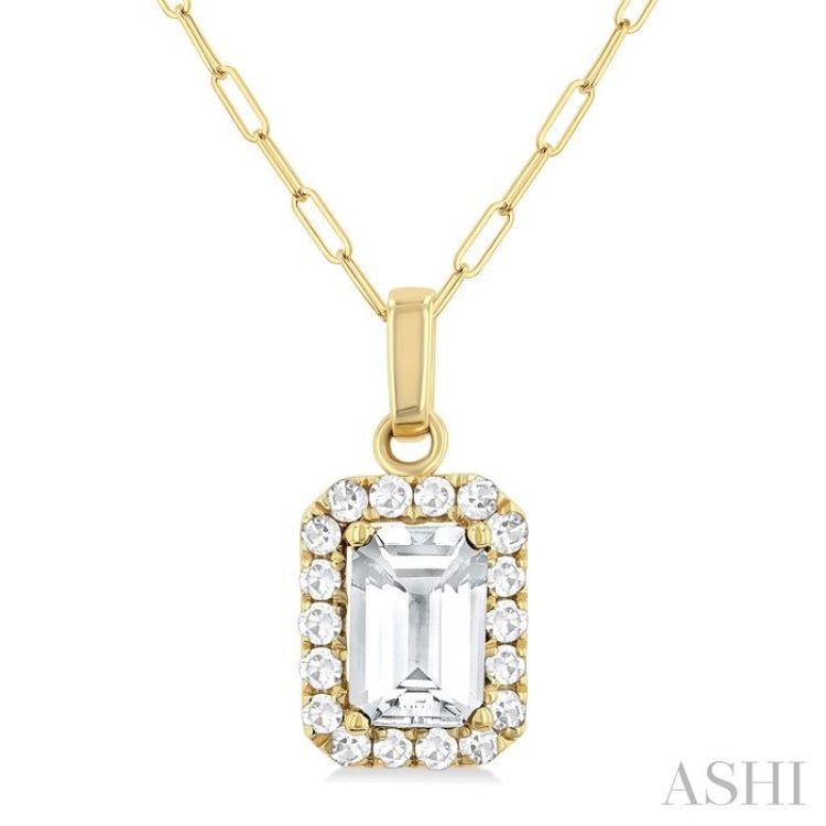 6x4 MM Octagonal Shape White Topaz and 1/6 Ctw Round Cut Diamond Halo Semi-Precious Pendant with Chain in 14K Yellow Gold 6x4 MM Octagonal Shape White Topaz and 1/6 Ctw Round Cut Diamond Halo Semi-Precious Pendant with Chain in 14K Yellow Gold
