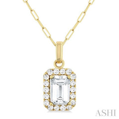 6x4 MM Octagonal Shape White Topaz and 1/6 Ctw Round Cut Diamond Halo Semi-Precious Pendant with Chain in 14K Yellow Gold 6x4 MM Octagonal Shape White Topaz and 1/6 Ctw Round Cut Diamond Halo Semi-Precious Pendant with Chain in 14K Yellow Gold