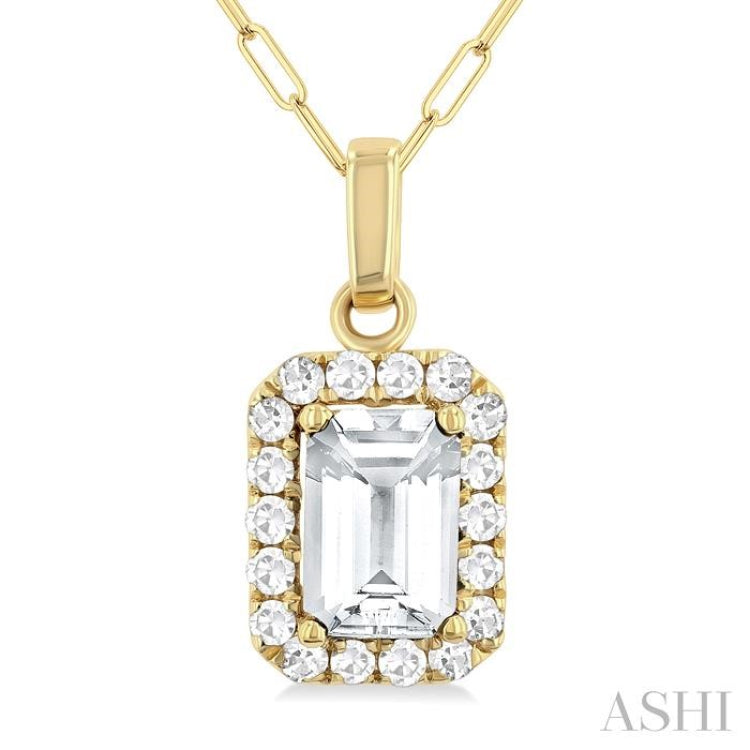 6x4 MM Octagonal Shape White Topaz and 1/6 Ctw Round Cut Diamond Halo Semi-Precious Pendant with Chain in 14K Yellow Gold 6x4 MM Octagonal Shape White Topaz and 1/6 Ctw Round Cut Diamond Halo Semi-Precious Pendant with Chain in 14K Yellow Gold